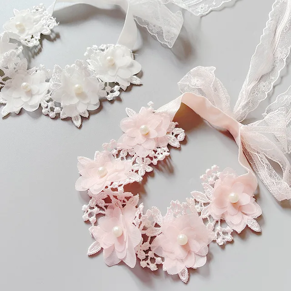 Lace headband with soft flowers and pearls