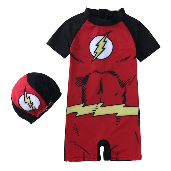 One piece superhero swimsuit with matching cap