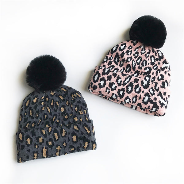 Thick woollen animal print beanie cap with pompom