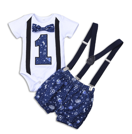 First birthday outfit for boys with bottom and suspenders - space