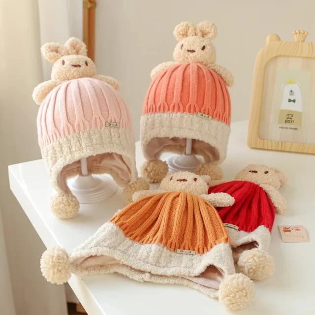 Thick warm woollen rabbit top beanie cap