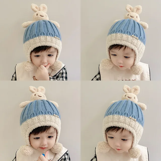 Thick warm woollen rabbit top beanie cap