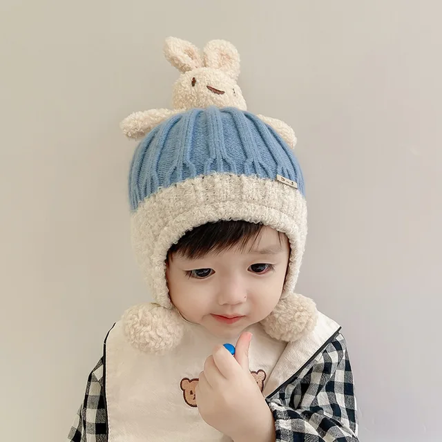 Thick warm woollen rabbit top beanie cap