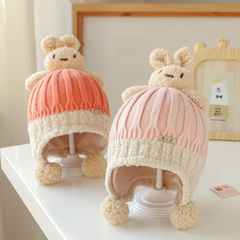 Thick warm woollen rabbit top beanie cap