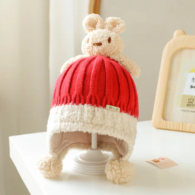 Thick warm woollen rabbit top beanie cap