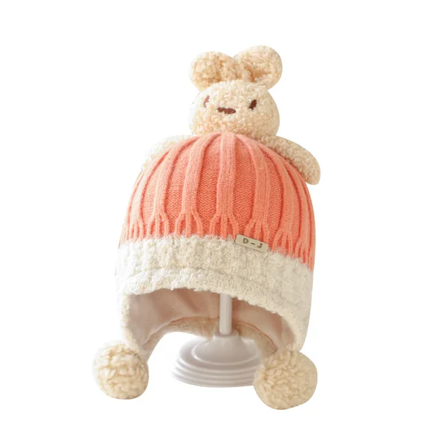 Thick warm woollen rabbit top beanie cap