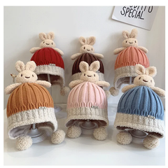 Thick warm woollen rabbit top beanie cap