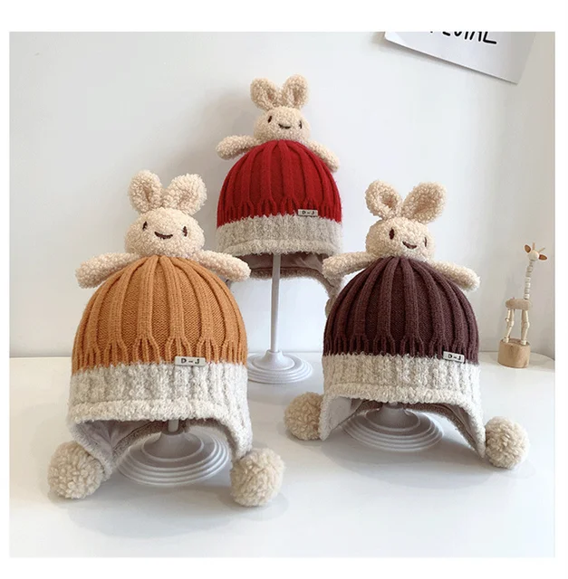 Thick warm woollen rabbit top beanie cap