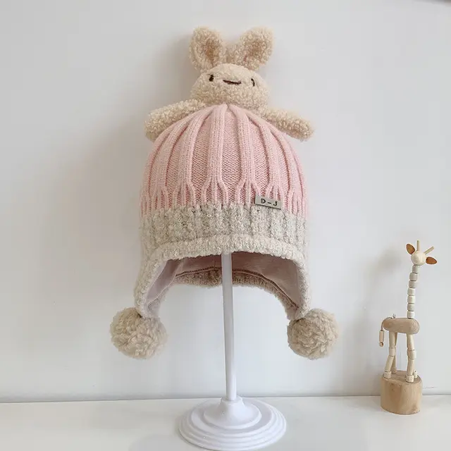 Thick warm woollen rabbit top beanie cap