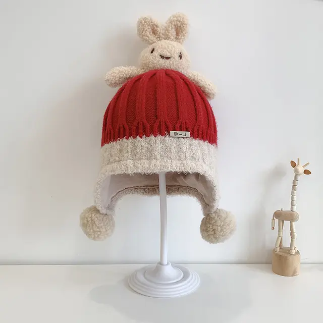 Thick warm woollen rabbit top beanie cap