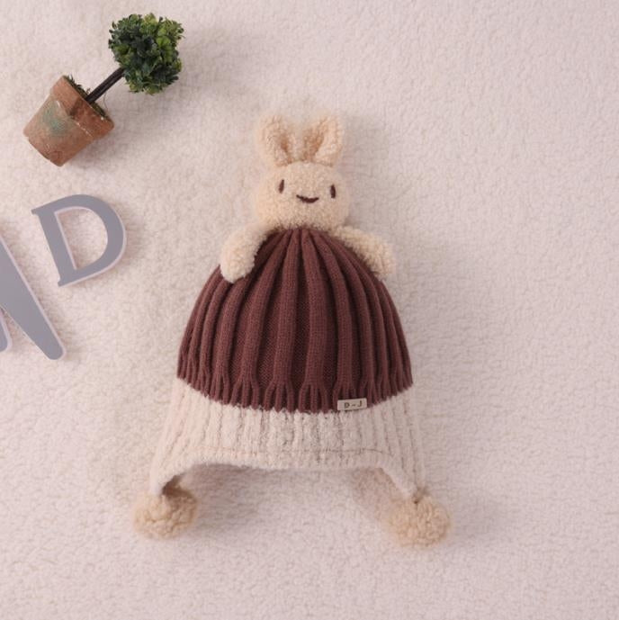 Thick warm woollen rabbit top beanie cap