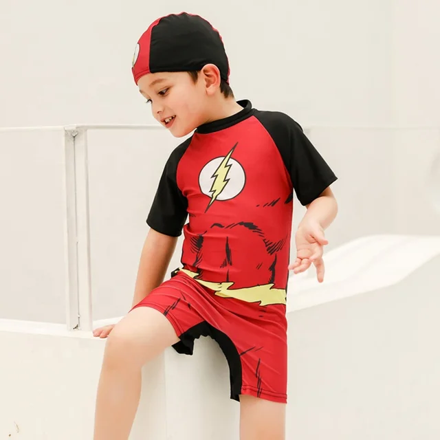 One piece superhero swimsuit with matching cap