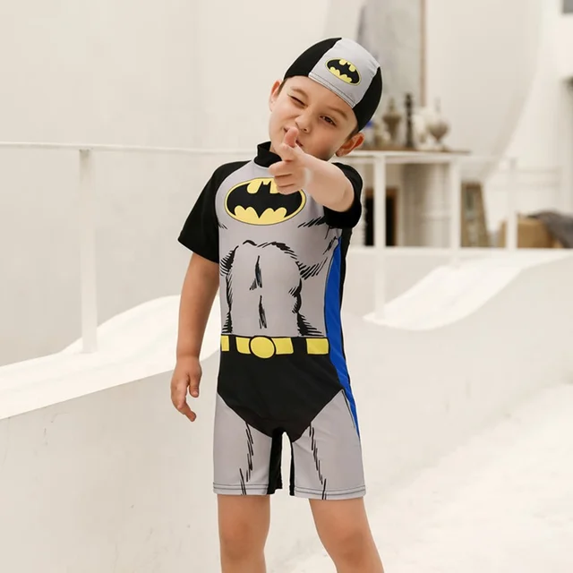 One piece superhero swimsuit with matching cap