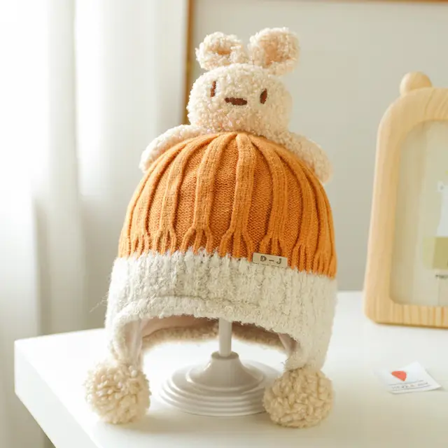 Thick warm woollen rabbit top beanie cap