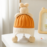 Thick warm woollen rabbit top beanie cap