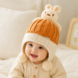 Thick warm woollen rabbit top beanie cap