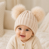 Thick woollen double pompon beanie cap