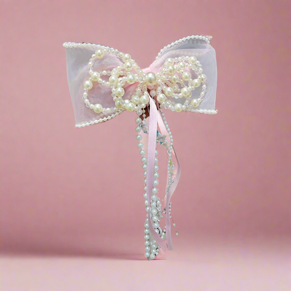 Pearly Bow fascinator hairclip with trail