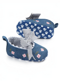 pretmybaby blue denim baby shoes with pink floral embroidery and a striped bow on a paw print sole