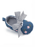pretmybaby blue denim baby bellies with pink floral embroidery and a blue and white striped bow detail