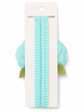 pretmybaby pastel blue flower baby headband with green lace leaves on a display card