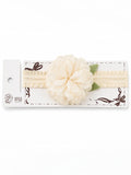 pretmybaby cream baby headband featuring a delicate layered flower and green lace leaves for special occasions
