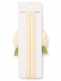 pretmybaby baby headband featuring a cream layered flower and green lace leaves on a soft ruffled elastic band