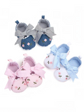 pretmybaby baby shoes with floral embroidery and striped bows in pink, blue, and white fabric