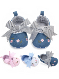 pretmybaby baby shoes with floral embroidery and striped bows in blue, pink, and white fabric