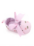 pretmybaby pink baby bellies featuring delicate floral embroidery and a playful pink and white striped bow