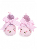 pretmybaby pink baby bellies with floral embroidery and a decorative striped bow for a comfortable, stylish look