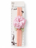 pretmybaby pastel pink flower baby headband with delicate lace leaves on a soft elastic band for special occasions