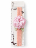 pretmybaby pastel pink flower baby headband with delicate lace leaves on a soft elastic band for special occasions