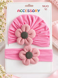 pretmybaby newborn gift set featuring a pink turban cap and matching baby headband with textured flower accents