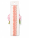 pretmybaby infant headband with a pastel pink layered flower and delicate green lace leaves on a soft elastic band