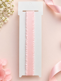 pretmybaby soft pastel pink ruffled ribbon baby headband on a display card with decorative flowers and silk ribbon
