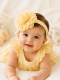 pretmybaby infant headband featuring a large yellow fluffy flower, worn by a smiling baby in a matching yellow dress