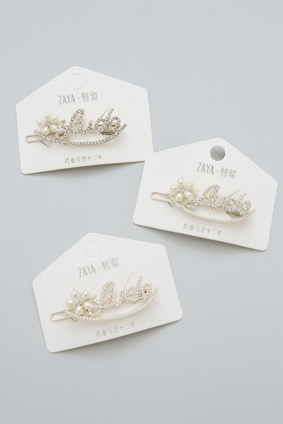 LUCK silver Pearl and rhinestone Flower Hair Pin