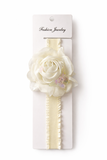 The Pret my baby Partywear fascinator large rose baby headband features a cream chiffon rose and butterfly detail, evoking baby accessories, and is displayed on a white Fashion Jewelry card.