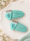 Pair of lace  tictac hairclips with crochet fruit