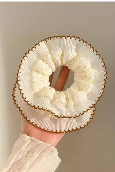 Elegant Ivory Ruffle Scrunchie with colour Trim