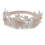The Pret my baby lace headband features soft pink flowers, pearls, and sheer fabric in a crown-like design—perfect for adding an elegant touch to any outfit.