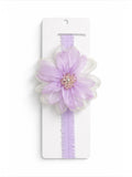 The Pret my baby Fascinator large ombre flower baby headband features a lavender and white organza flower with a pearl and bead center, perfect for babies and displayed on a white card backing.