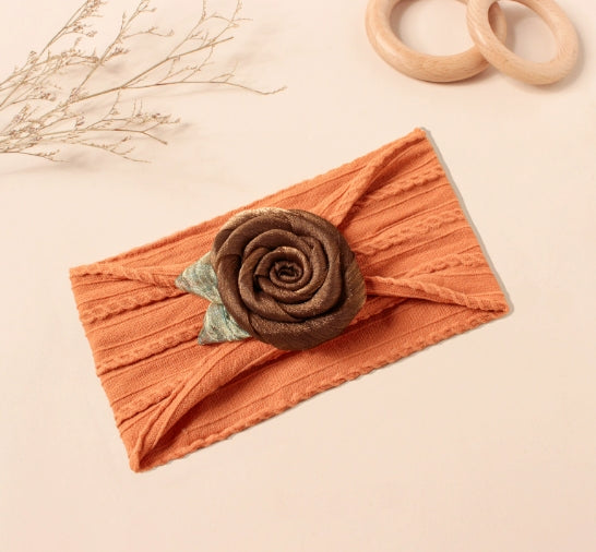 Soft cotton baby headband with rose - brown