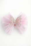 Fluttering 3D butterfly with rhynestone on mesh bow fascinator hairclip