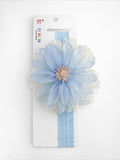 The Pret my baby Fascinator large ombre flower baby headband features a blue and white organza flower on a matching elastic band, perfect for babies and displayed on branded packaging.