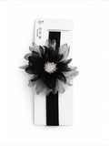The Pret my baby Fascinator large ombre flower baby headband is a black elastic band with a large black and white organza flower featuring a rhinestone center, displayed on white branded packaging.