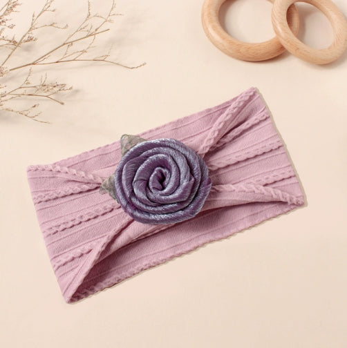 Soft cotton baby headband with rose - purple