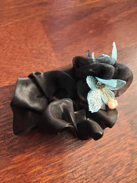 Black organza scrunchie with beads and flowers