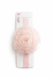 A fascinator extra large flower baby headband in pale pink organza, displayed on a white card with pink trim and the Pret my baby brand name—perfect among infant accessories.